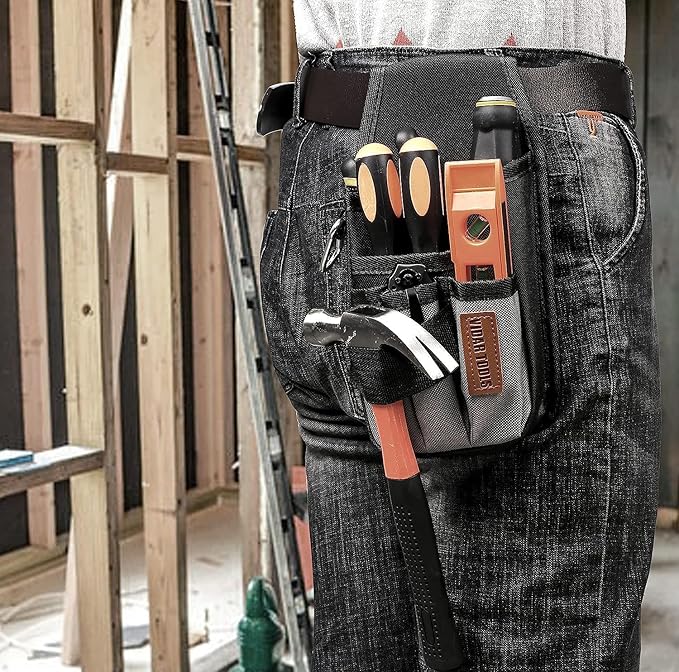 Small Tool Pouch with Belt Clip,Tool Belt Pouches,Electrician Tool Pouch.Mini Organizer Pocket Attachment for Tool Belt,5 Pockets and Heavy-Duty Metal Belt Clip Attachment.…