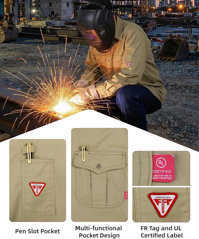 TICOMELA Men’s Mid-Weight FR Welding Shirt, 7.5oz 100% Cotton NFPA 2112 CAT2 – Flame-Resistant Button-Down Work Shirt