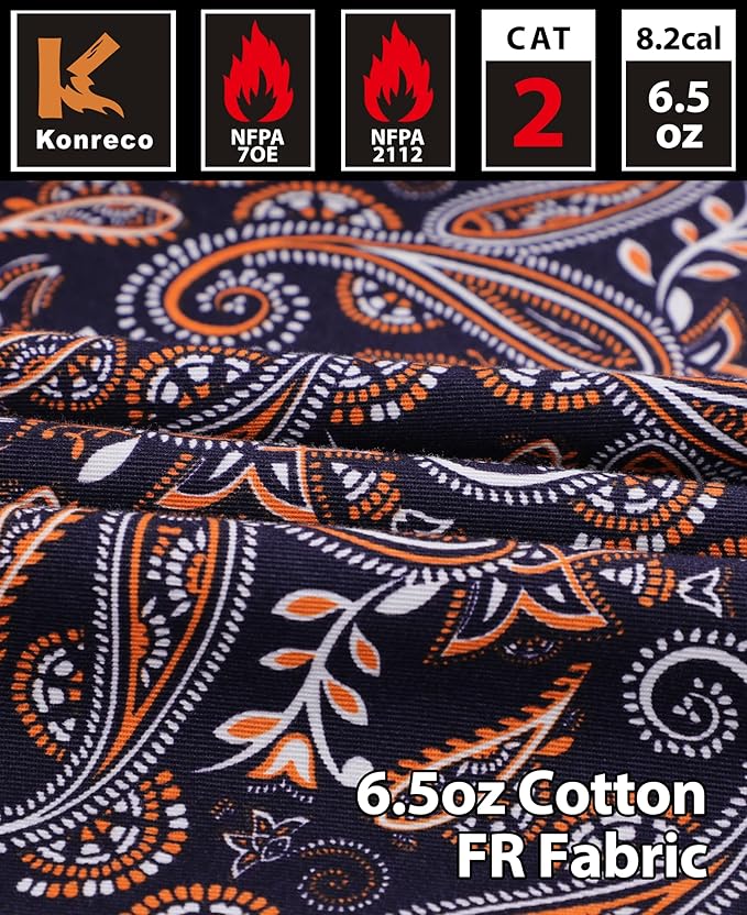KONRECO FR Shirts for Men 100% Cotton 6.5oz Fire Resistant Lightweight Men's Plaid Work Shirts