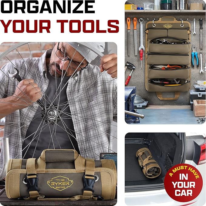The Ryker Roll Up Tool Bag Organizer Gifts for Dad. Heavy Duty Motorcycle Tool Roll Bag Organizer. Portable Rollup Toolbag w/Detachable Pouches - Tools Bags Mens gifts for him - Mechanic & Electrician