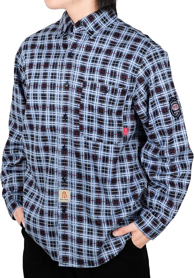 BOCOMAL FR Shirts Flame Resistant NFPA2112/CAT2 6.5oz Light Weight Printed Fire Retardant Plaid Shirt