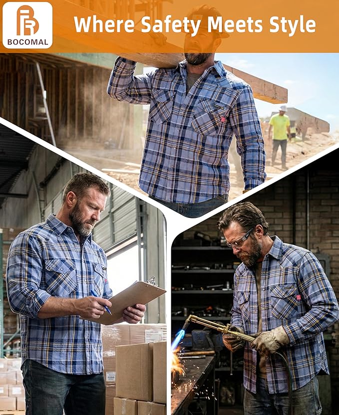 BOCOMAL FR Shirts Flame Resistant 100% C NFPA2112 7.5oz Men's Fire Retardant Welding Shirt