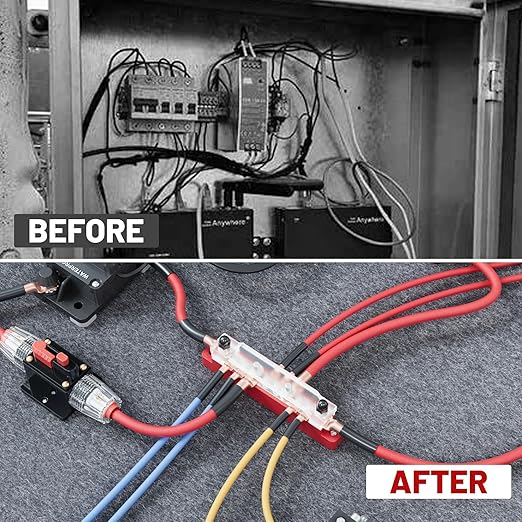 RED WOLF 150A 12V Bus Bar with Cover, 4 x 1/4" (M6) 6 x #8 (M4) Studs Power Distribution Terminal Block 48V DC Car Boat Marine Solar System (Black+Red)