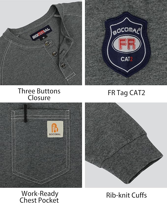 BOCOMAL Men's FR Henley Shirt Flame Resistant 5.5oz Cotton Long Sleeve Workwear UL NFPA2112 CAT2 Welding Tee