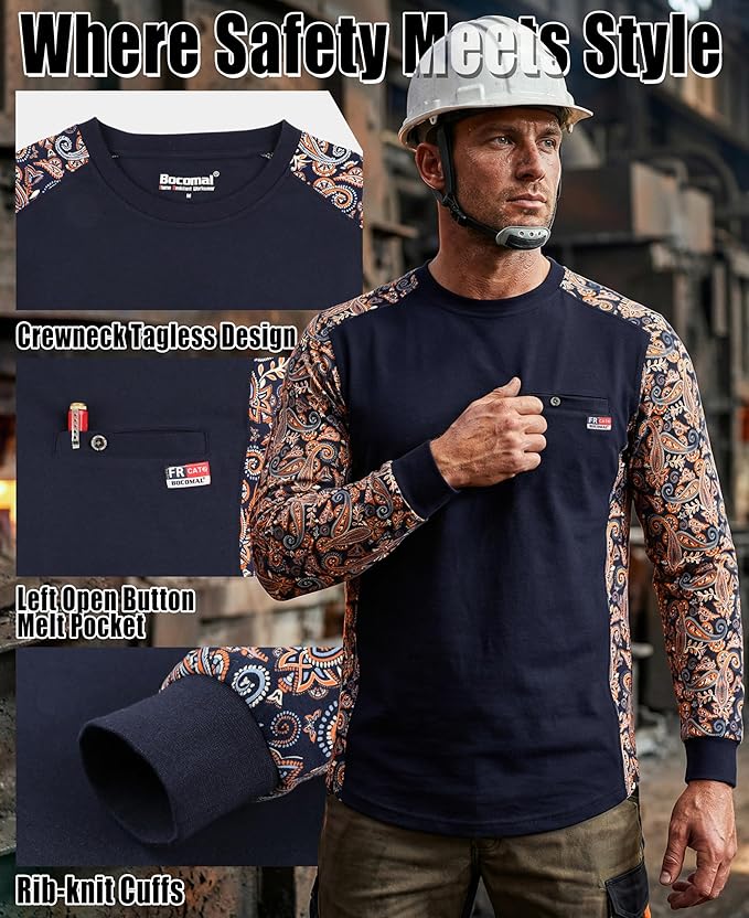 BOCOMAL FR Shirts Crewneck 5.5oz Lightweight Cotton Paisley Camo Two-Tone Flame Resistant Long Sleeve CAT2 Work Shirt