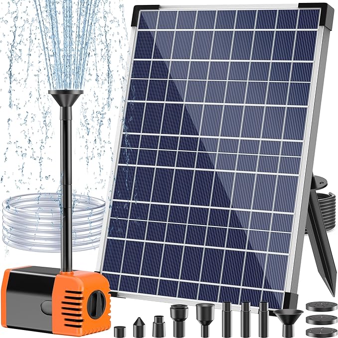 Antfraer 25W Solar Pond Pump, Solar Fountain Pump with 6.6FT Tubing & 16.5FT Cord for Garden Ponds, Fish Tanks Waterfalls & DIY Fountain Water Features