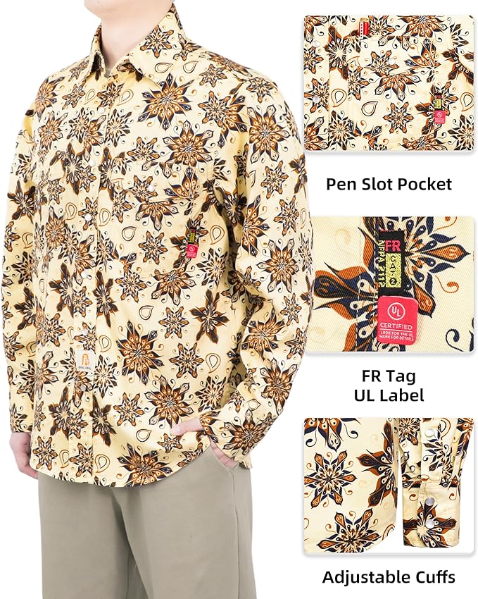 BOCOMAL FR Shirts for Men Printed Plaid Flame Resistant NFPA2112/CAT2 6.5oz Lightweight Fire Retardant Shirt