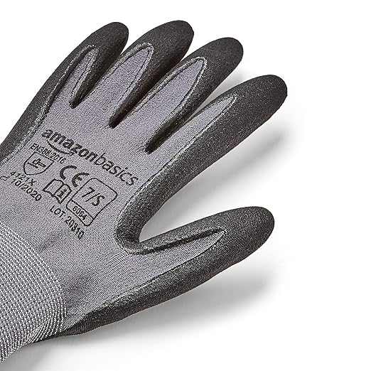 Amazon Basics Micro-Foam Nitrile Coated Safety Work Gloves, Nylon Liner Fiber, Touch Screen Compatible, Grey, Size 7 (S), 6-Pack