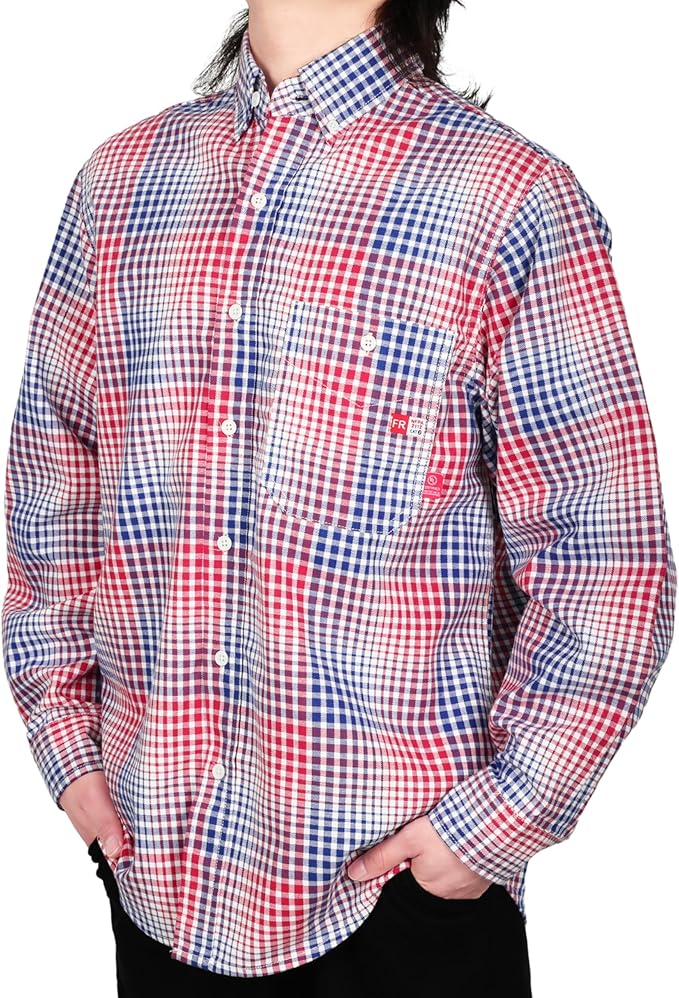 TICOMELA Men’s Mid-Weight FR Welding Shirt, 7.5oz 100% Cotton NFPA 2112 CAT2 – Flame-Resistant Button-Down Work Shirt