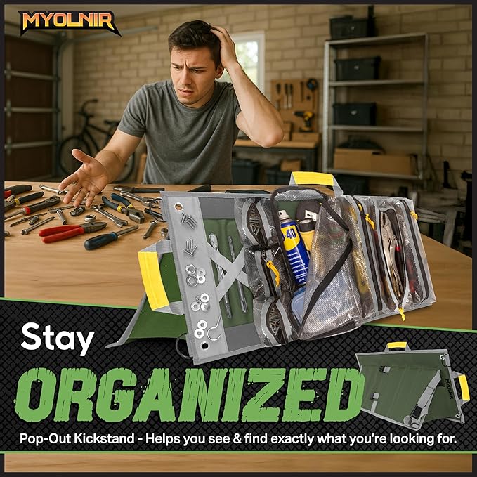 Roll Up Tool Bag Organizer With Kickstand - Compact Heavy Duty Motorcycle Tool Roll Bag Organizer - Portable Rollup Toolbag With Magnetic Panels & Transparent Pockets - Mechanic & Electrician
