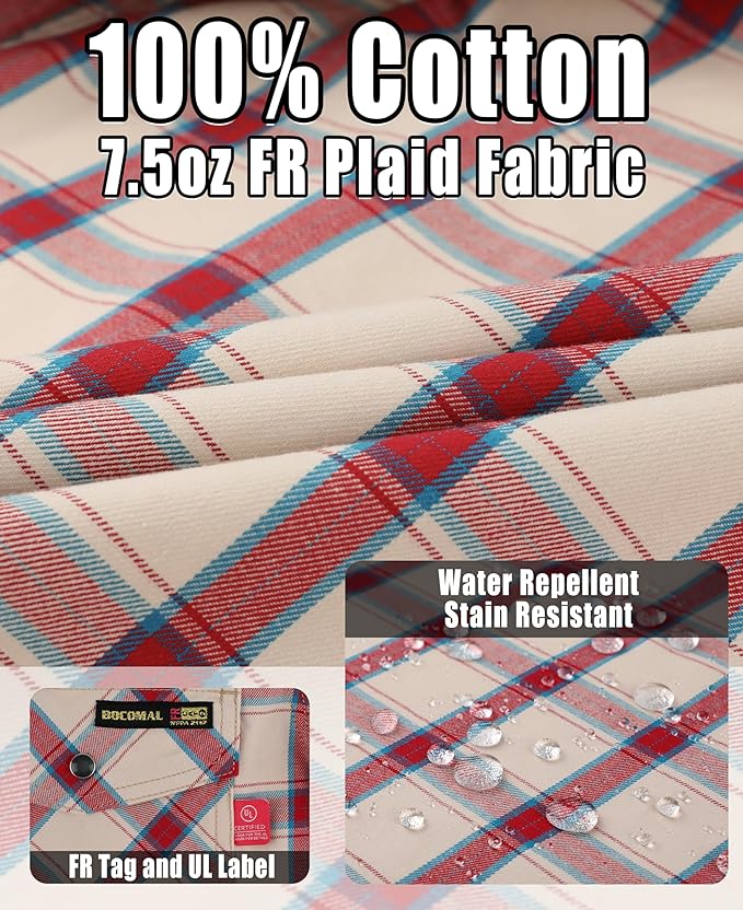 BOCOMAL FR Shirts Flame Resistant 100% C NFPA2112 7.5oz Men's Fire Retardant Welding Shirt