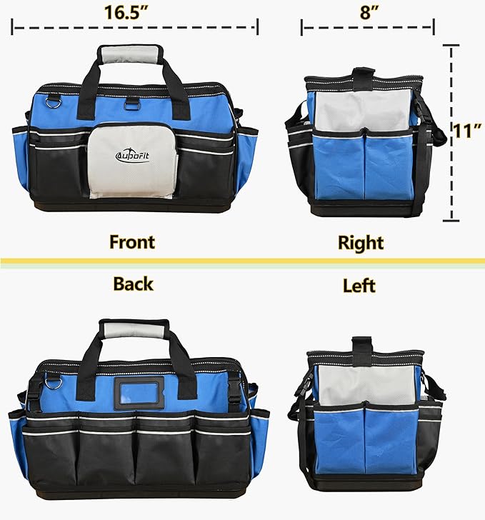 16 Inch Wide Mouth Heavy Duty Tool Bag, 21 Pockets and Waterproof Plastics Base Construction Electrician Tote Tool Organizer Bag with Shoulder Strap and Zipper Pocket, Padded Handle, Blue