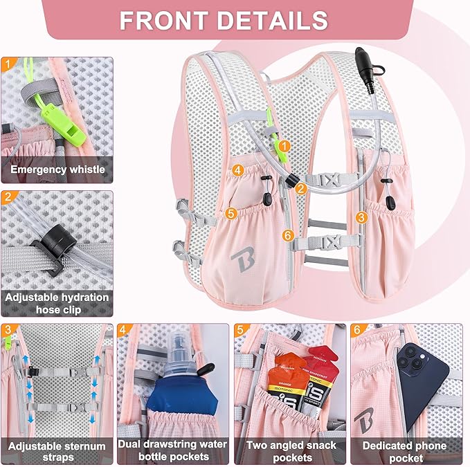 Running Vest Hydration Backpack for Men Women, 5L Lightweight Running Backpack Hydration Pack for Marathon, Trail, Cycling, Hiking, Jogging