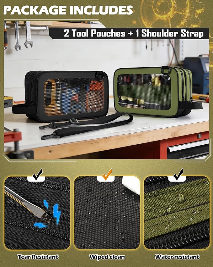 2 Pack Tool Pouch with Dual Compartments, 12” Tool Bag with Detachable Shoulder Strap, Carry Handle and Translucent Window, Black/Green