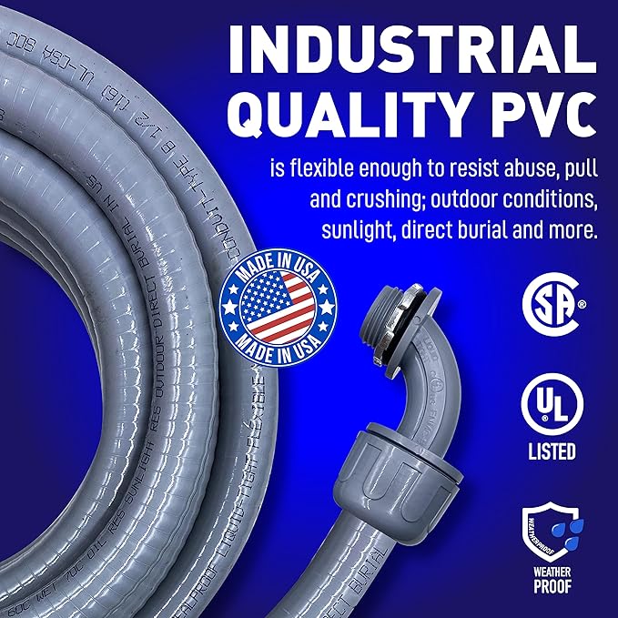 Sealproof 1-1/2 Inch Non-metallic Liquid-Tight Conduit and Connector Kit, 25 Foot Made in USA Flexible Electrical Conduit Type B with 4 Straight and 2 90-Degree Conduit Connector Fittings, 1.5" Dia