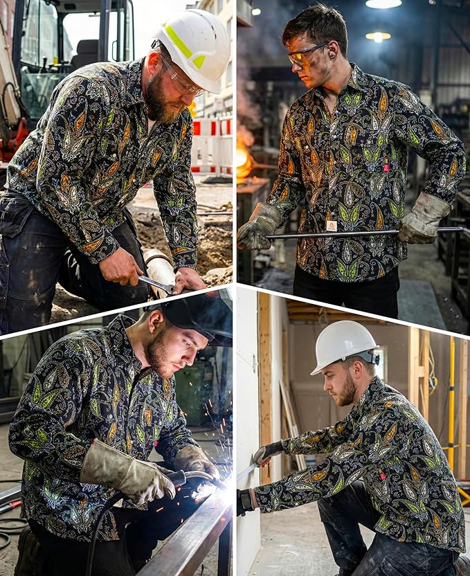 BOCOMAL FR Shirts for Men Printed Plaid Flame Resistant Clothing 6.5oz Cotton Button Up Welding Shirts NFPA2112 CAT2
