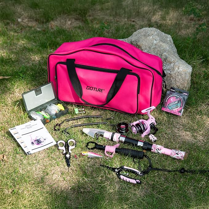 Goture Pink Fishing Rod and Reel Combo - ML Action Spinning Reel Pole with Pink Bag - Telescopic Rod Kit for Starter Travel Saltwater Freshwater, Gift for Woman