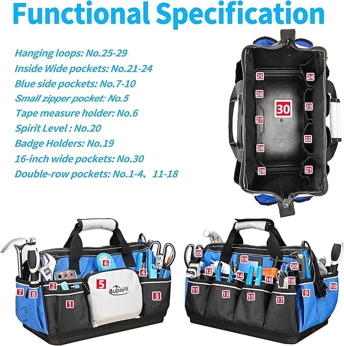 16 Inch Wide Mouth Heavy Duty Tool Bag, 21 Pockets and Waterproof Plastics Base Construction Electrician Tote Tool Organizer Bag with Shoulder Strap and Zipper Pocket, Padded Handle, Blue