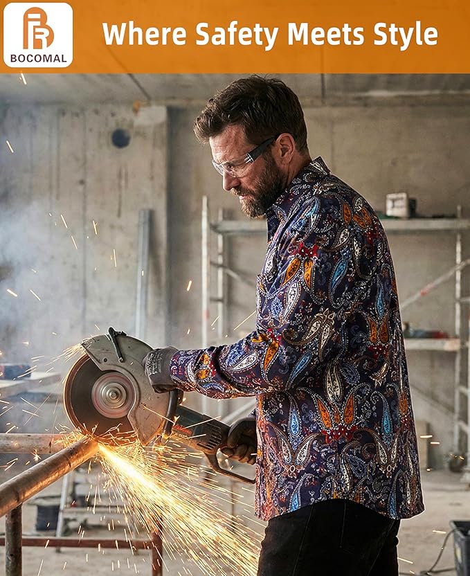 BOCOMAL FR Shirts for Men Printed Plaid Flame Resistant Clothing 6.5oz Cotton Button Up Welding Shirts NFPA2112 CAT2