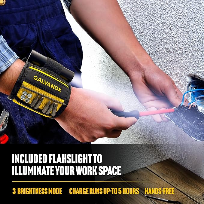 Galvanox Magnetic Wristband with Hands-Free Work Light (3-Mode) for Holding Screws Nails and Drill Bits, Durable Nylon with Powerful Magnets - Tool Gift for Men, Dad, Husband, Handyman (Yellow)