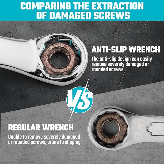 DURATECH 7-Piece Anti-slip Offset Box Wrench Set, Bolt Extractor Wrench Set, Metric, 6-19mm, 50-Degree Offset, CR-V Steel, with Rolling Pouch