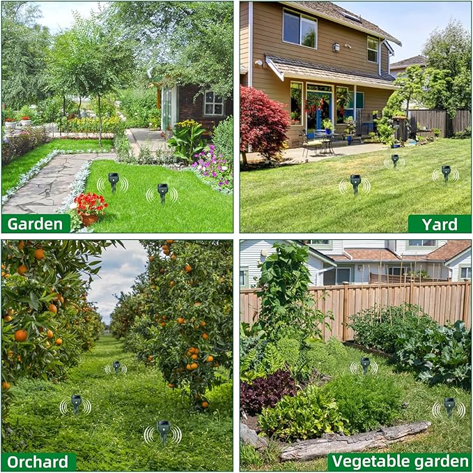 Mole Repellent Solar Powered, 4 Pack Snake & Rabbit Repellent for Yard, IP 65 Waterproof Ultrasonic Deterrent Stakes, Get Rid for Armadillo, Gopher, Vole, Chipmunk, Deer, Groundhog for Lawns Garden