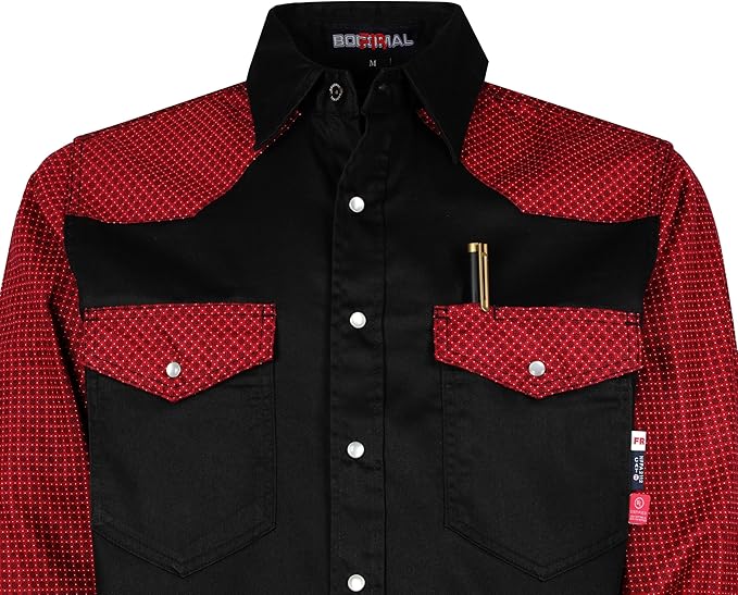 BOCOMAL FR Shirts Pearl Snaps Two Tone Plaid/Solid Flame Resistant Cotton Welding Shirt NFPA 2112 CAT 2