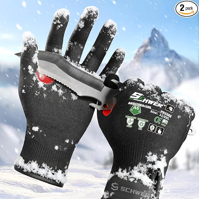 FreezeGuard Winter Work Gloves for Men and Women, ANSI A6 Cut Resistant Gloves With Super Grip, Freezer Glove for Work Below Zero, Touchscreen, Thermal Insulated, PR3388, Black Knight (XXL, 2 Pairs)