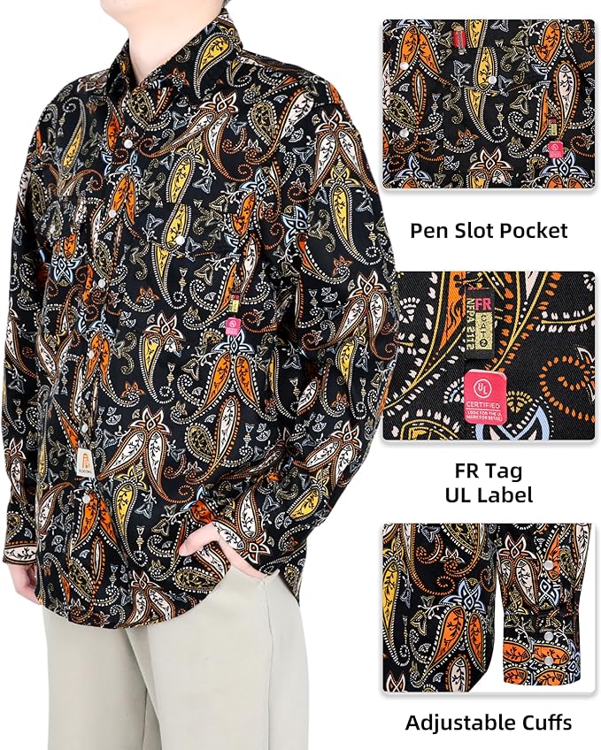 BOCOMAL FR Shirts for Men Printed Plaid Flame Resistant Clothing 6.5oz Cotton Button Up Welding Shirts NFPA2112 CAT2