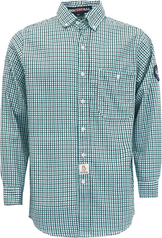 BOCOMAL FR Shirts Flame Resistant NFPA2112/CAT2 6.5oz Light Weight Printed Fire Retardant Plaid Shirt
