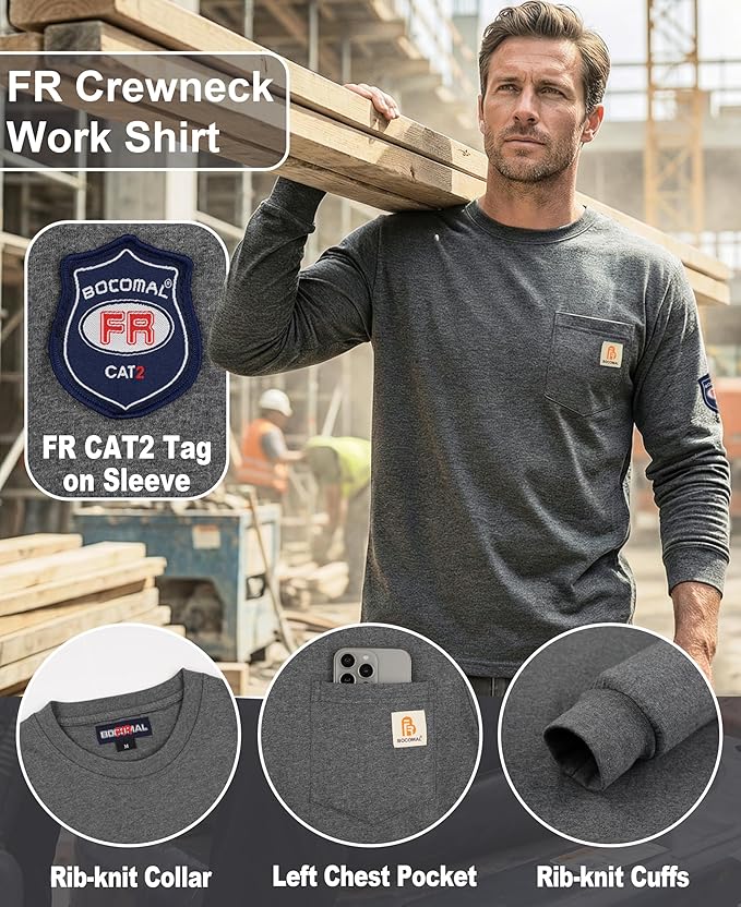 BOCOMAL FR Shirts Lightweight Classic Crew Long Sleeve Fire Resistant Shirt CAT2