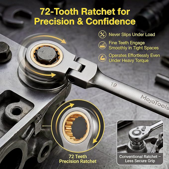 19mm Flex-Head Ratcheting Combination Wrench, Metric Standard, 72-Tooth 12-Point Ratchet Box End & Open-End Spanner, CR-V Steel, Nickel-Plated for Durability