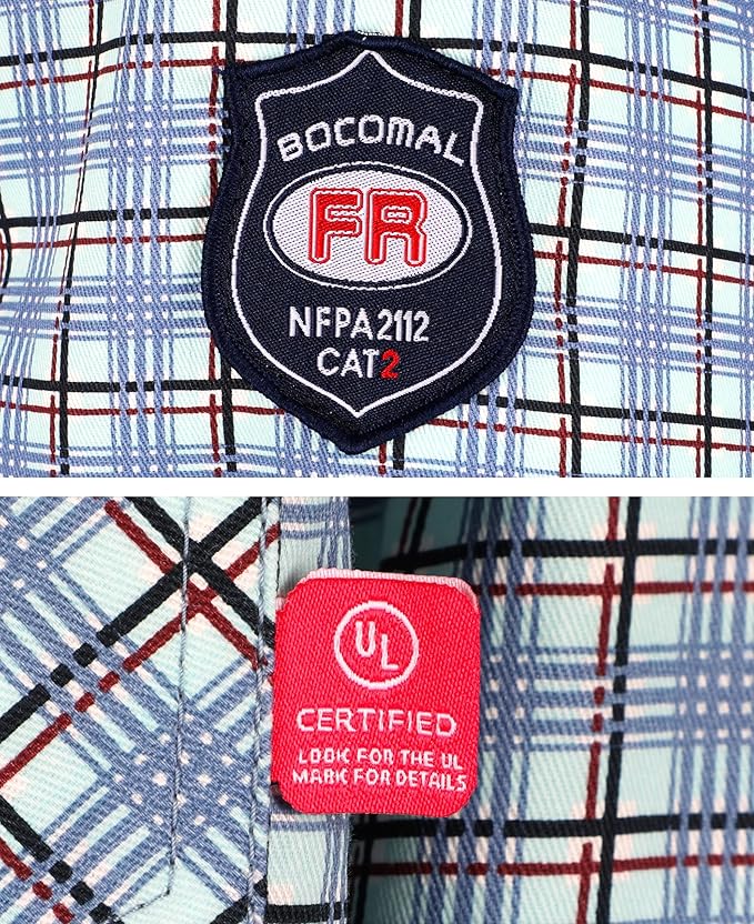 BOCOMAL FR Shirts Flame Resistant NFPA2112/CAT2 6.5oz Light Weight Printed Fire Retardant Plaid Shirt