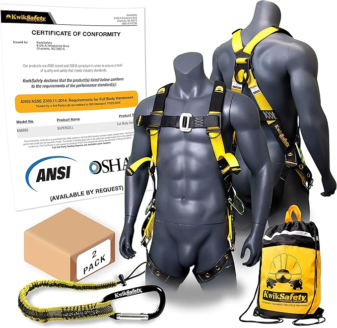 KwikSafety - Charlotte, NC - SUPERCELL Safety Harness [2 PACK] Premium Shoulder Padding ANSI OSHA Full Body Fall Protection Work Equipment | Construction Tower Climbing Roofing