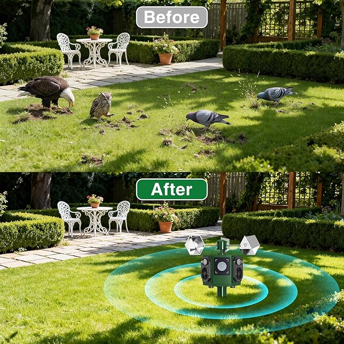 Upgraded Solar Ultrasonic Bird Repellent Outdoor Woodpecker Deterrent for House with Motion Sensor & Flash Light & Reflectors to Scare Birds Away Waterproof Goose Pigeon Repellent for Garden Balcony