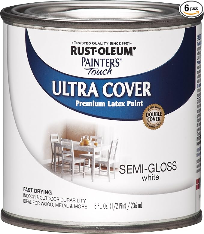 Rust-Oleum 1993730-6PK Painter's Touch Latex Paint, Half Pint, Semi-Gloss White, 8 Fl Oz (Pack of 6)