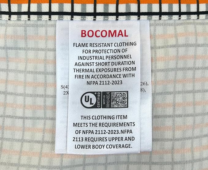 BOCOMAL FR Shirts for Men Printed Plaid Flame Resistant Clothing 6.5oz Cotton Button Up Welding Shirts NFPA2112 CAT2