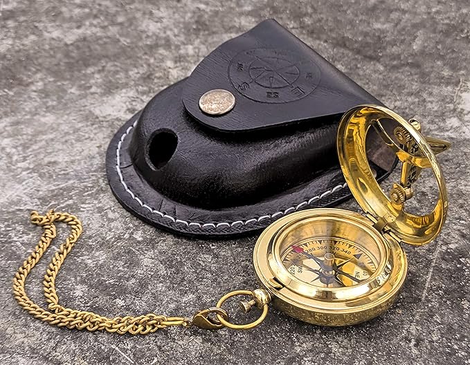 Brass Antique Sundial Compass with Leather Case | Push Button 5 Cm Dia Antique Finish Vantage Compass with Long Chain | Birthday Gift, Baptism Compass