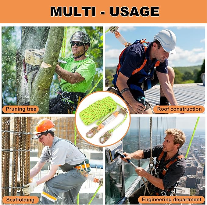 Rope Harness Safety Lanyard 50FT Fall Protection Vertical Roofing Rope with Grab Snap Hooks Shock Absorber Safety Ropes Tree Climbing Line Kit Heavy Duty Roof Safety Equipment