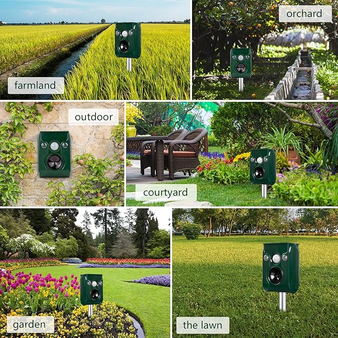Solar Animal Repeller. Ultrasonic Animal Repellent. with Flashing LED Light and Alarm to expel Cats, Dogs, Squirrels, Deer, Raccoons, Skunks, Rabbits, Foxes, etc