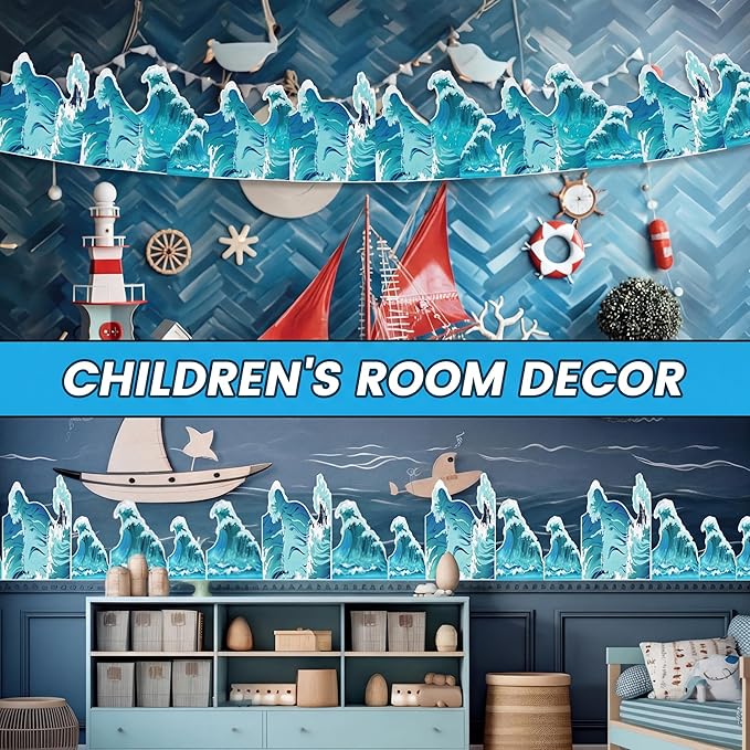 48 Pcs Ocean Waves Stickers 3 Sizes Ocean Theme Party Decorations Set Blue Turquoise Waves Cutouts for Sea Beach Border Trim Blue Wave Waterproof Home Office Wall Decor with Adhesive Dots