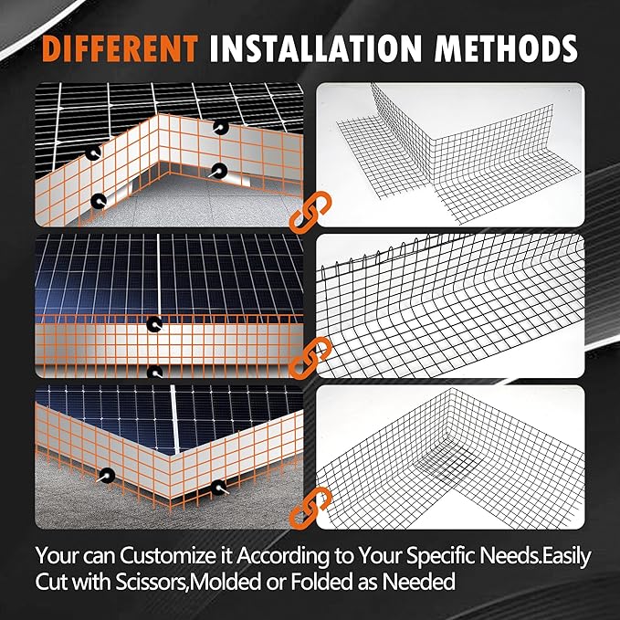 Solar Panel Bird Guard Mesh| 8in x 100ft Black PVC Coated Heavy Duty Galvanized Mesh Roll,70pcs Stainless Steel Clips Fasteners,Critter Guard Roll Kit for Solar Panel