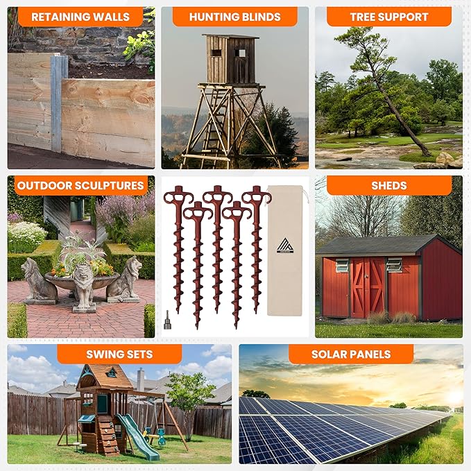 MightyPhine Heavy Duty Screw in Ground Anchors - Drillable Tent Stakes for High Wind - Metal Hex Pegs for Camping, RV Awning, Canopy, Trampoline, Gazebo - Impact Driver Compatible Lag Bolt Spikes