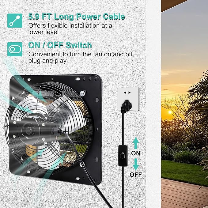 7 Inch Shutter Exhaust Fan, Wall Mounted Attic Fan with Power Cord for Greenhouse, Shed, Garage, Barn, Chicken Coop Ventilation, 760 CFM, Black