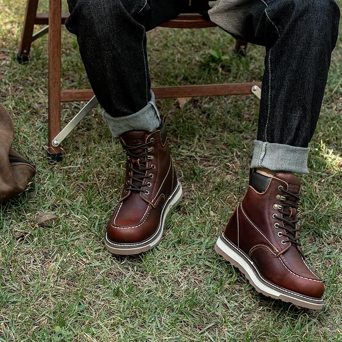 Moc Toe Work Boots for Men Waterproof Soft/Steel Toe Comfortable Full Grain Leather Non Slip Wedge Outsole Construction 6" Workboots