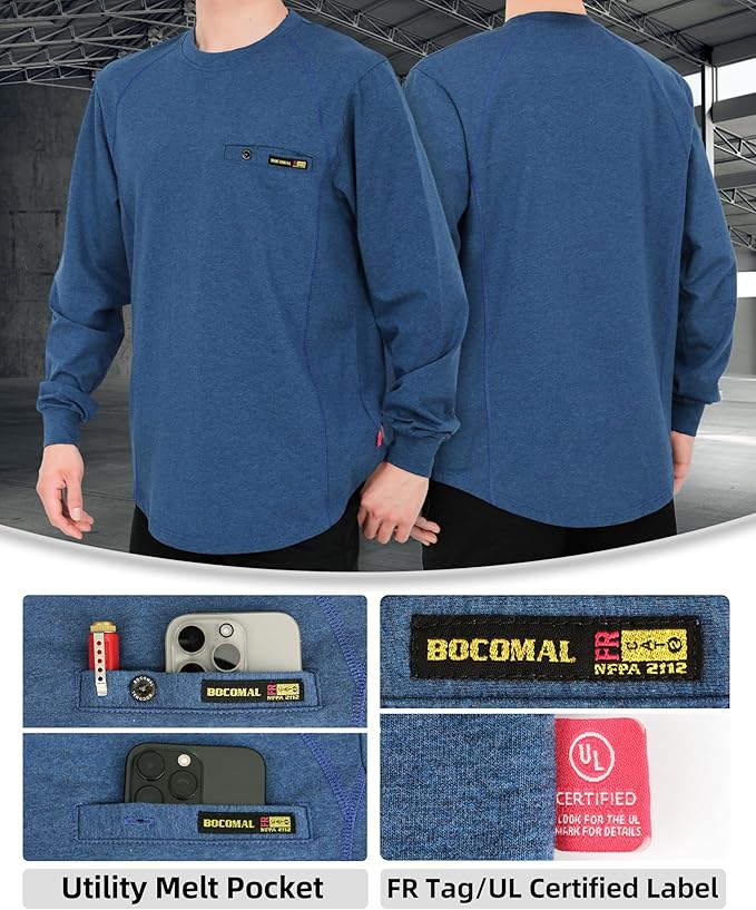 BOCOMAL FR Shirts for Men Melt Pocket Lightweight Crew T-Shirt NFPA2112/CAT2 Fire Resistant Work Shirt