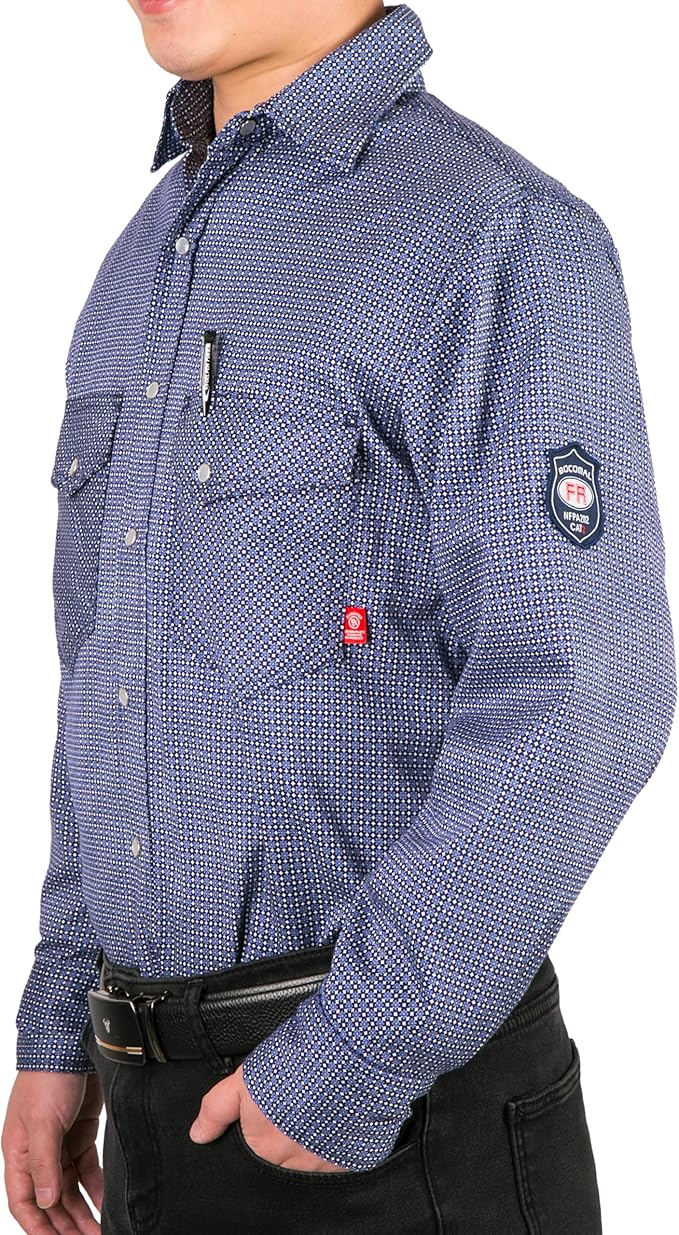 BOCOMAL FR Shirts for Men Printed Plaid Flame Resistant Clothing 6.5oz Cotton Button Up Welding Shirts NFPA2112 CAT2
