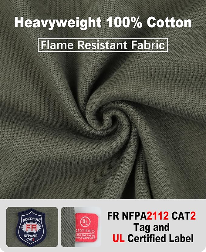 BOCOMAL FR Shirts Crewneck 7oz Midweight Flame Resistant Clothing NFPA2112 CAT2 Men's Fire Retardant Work Shirt