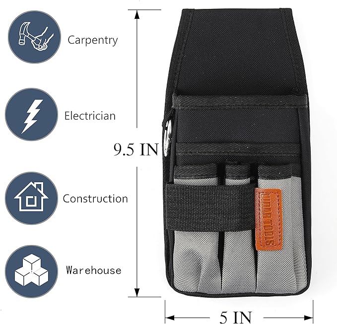 Small Tool Pouch with Belt Clip,Tool Belt Pouches,Electrician Tool Pouch.Mini Organizer Pocket Attachment for Tool Belt,5 Pockets and Heavy-Duty Metal Belt Clip Attachment.…