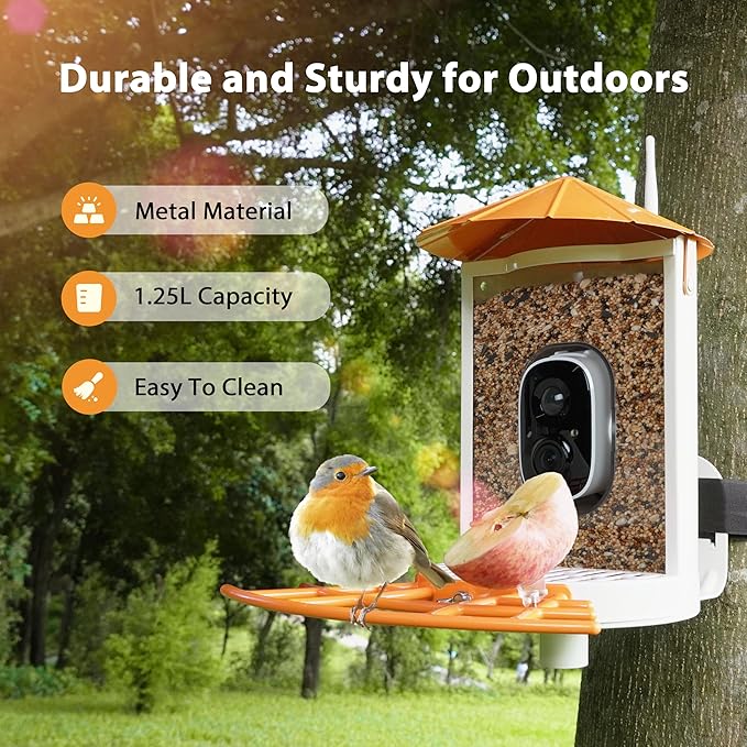 Birdkiss Smart Bird Feeder with Camera Solar, Auto Capture Bird Videos & Motion Detection, Birds Watching Camera Notify in Time, Metal Birds Feeder with Seed Guard, Ideal Present for Mom (Orange)